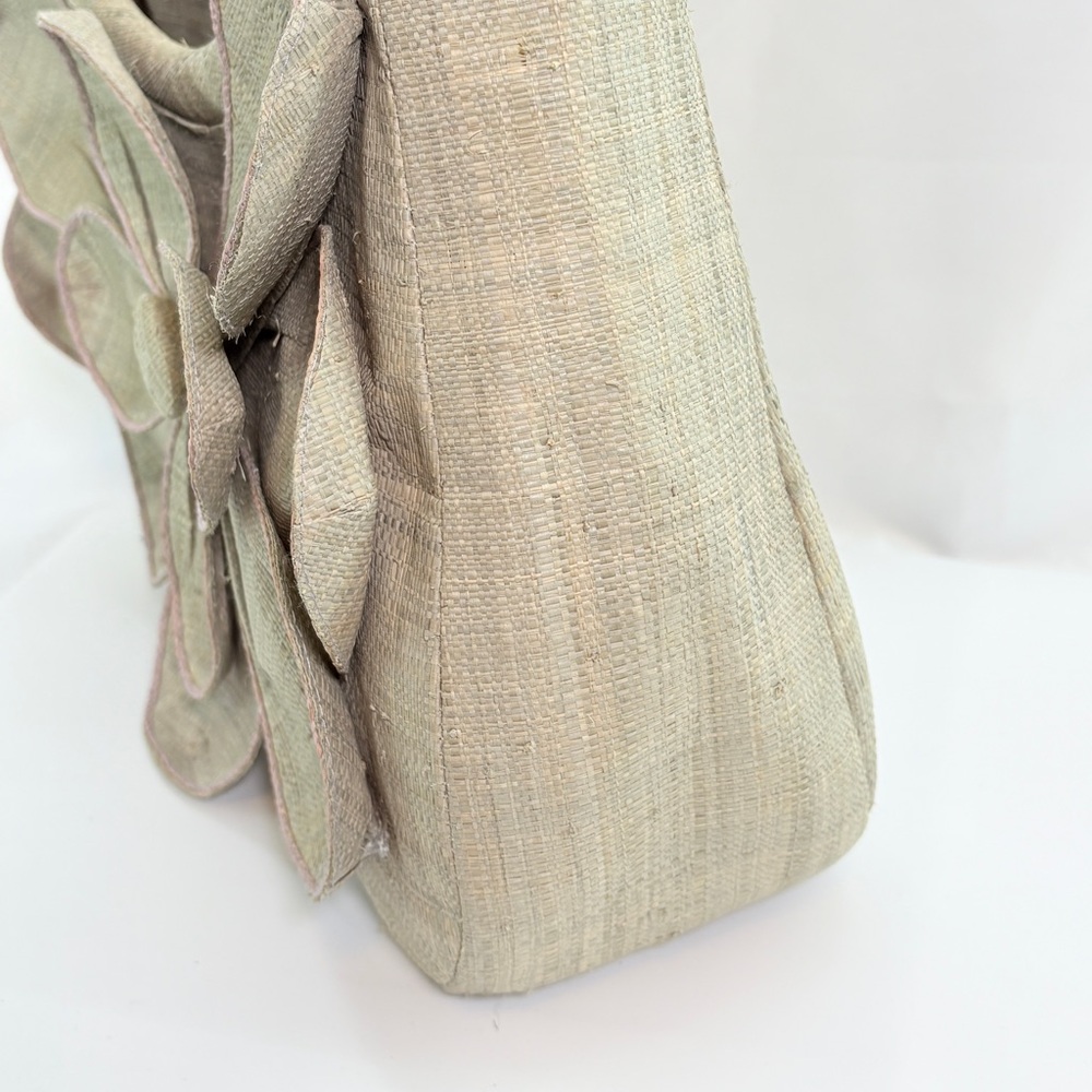 Mar Y Sol Neutral Tan Raffia Tropical Resort Handbag Tote Flower Wooden Handles - Picture 8 of 11
